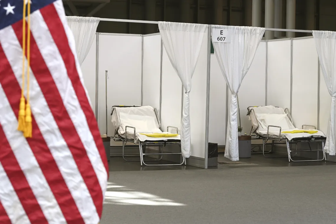 A photograph of makeshift hospital beds