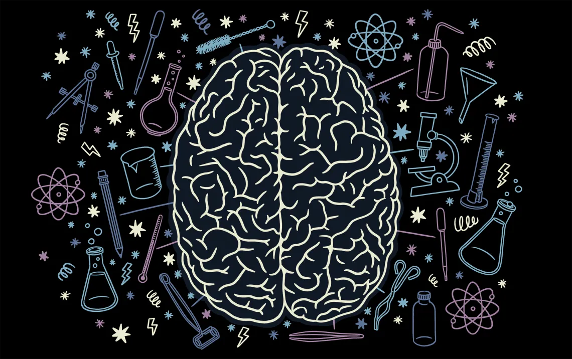 An illustration of a brain, surrounded by scientific materials and stars