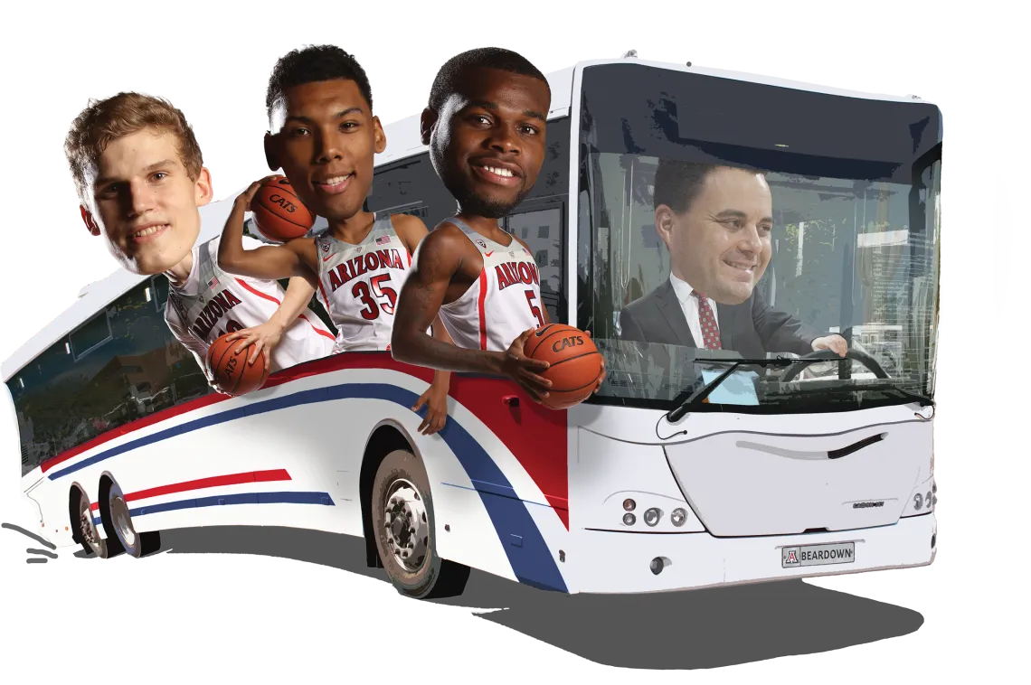 A comical art rendering of basketball coach, Sean Miller and three players with bobble heads inside a tour bus