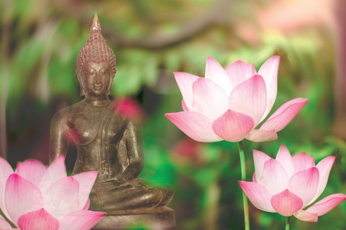 A photograph of a Buddha statue surrounded by lotus flowers