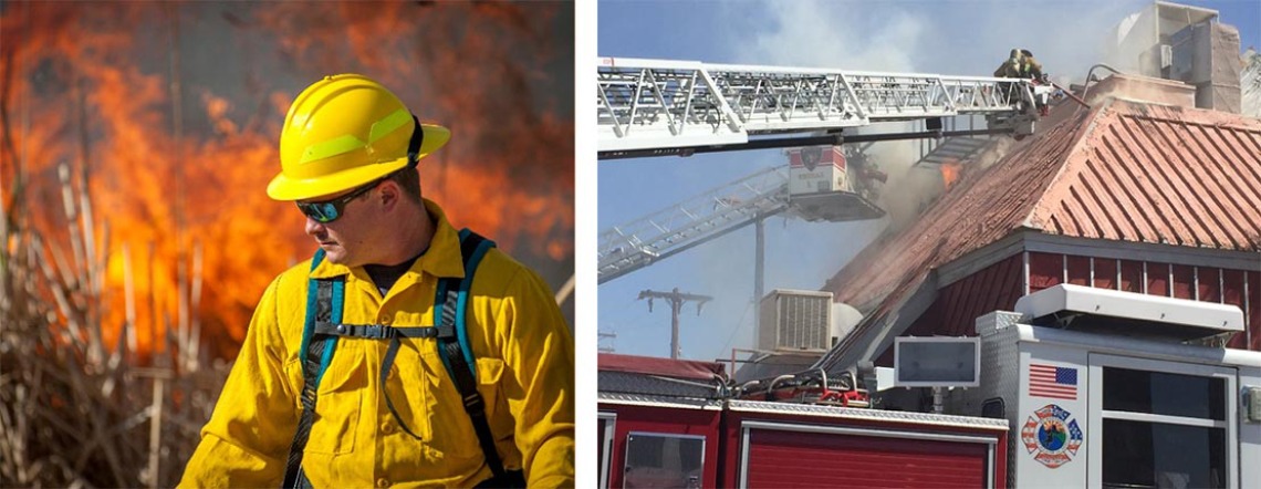 (Left) A photograph of a firefighter, wearing bright yellow, walking in front of a large fire (Right) A photograph of firefighters putting out a fire on top of a building