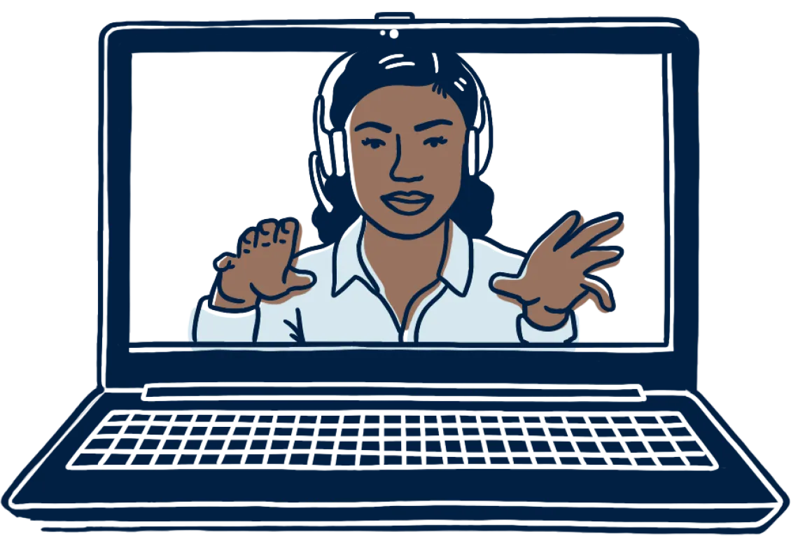 An illustration of a woman talking over a zoom call