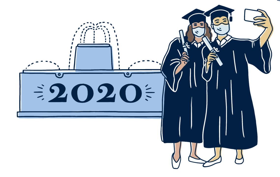 An illustration of graduates posing by a "2020" fountain 