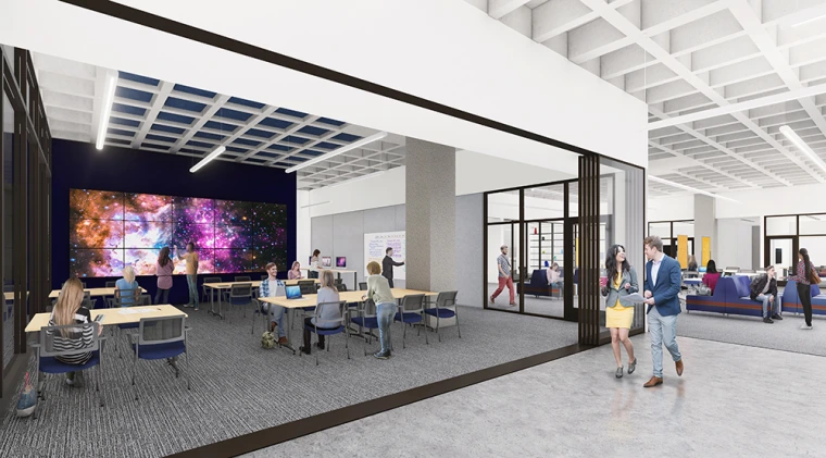 A rendering of the Main Library, depicting students looking at a projection board, chatting and studying in a room. Other students are walking and talking to their peers around the library.