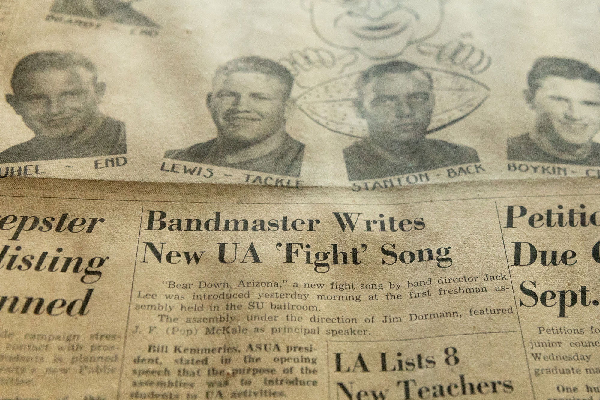An archived clip from the Daily Wildcat, UArizona’s student newspaper, notes the writing of “Bear Down, Arizona” by Jack K. Lee in 1952. 