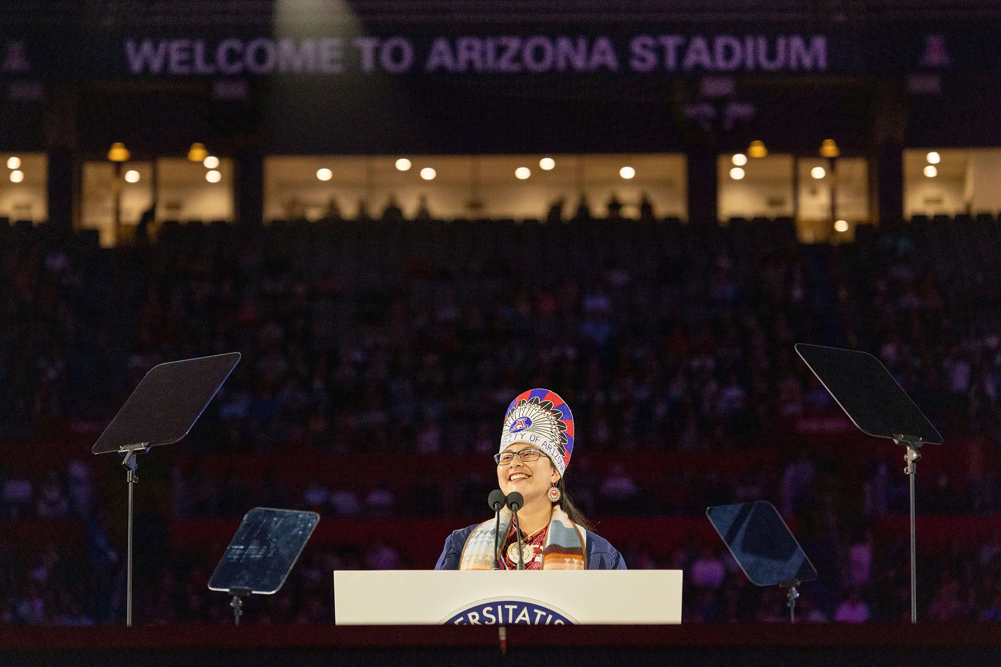 Cassandra Perez, outgoing Miss Native American University of Arizona, speaks during Commencement 2022.