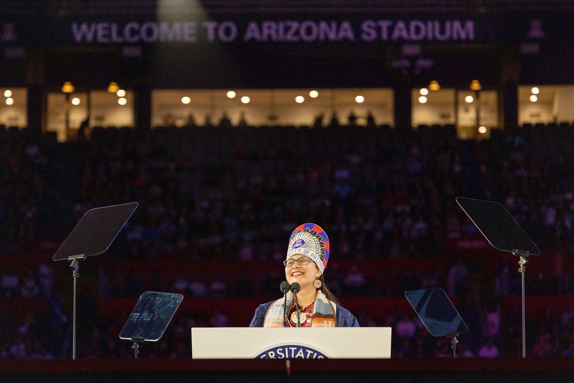 Cassandra Perez, outgoing Miss Native American University of Arizona, speaks during Commencement 2022. 