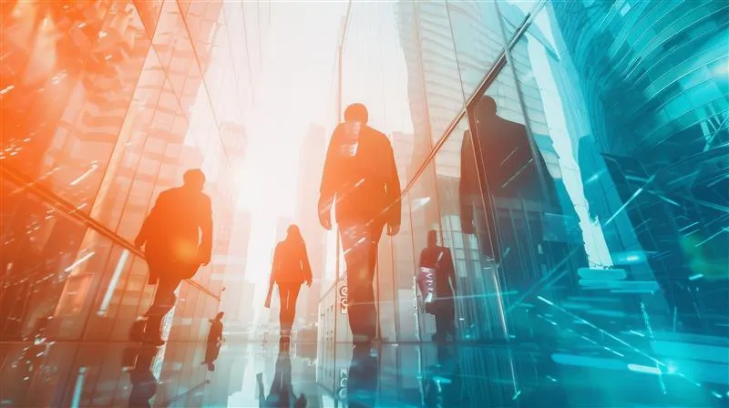 An image of people walking through an orange and blue sky line. 