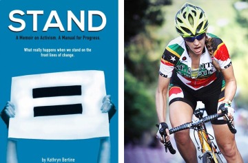 Cover of book called "Stand" and a photo of a woman cycling