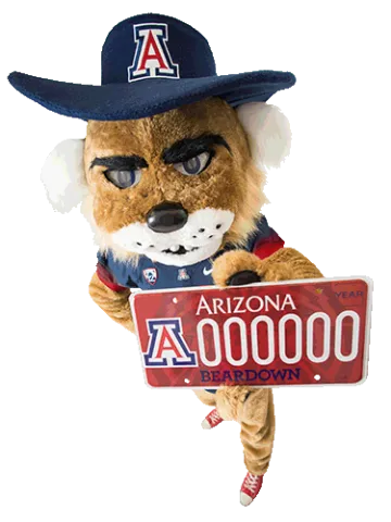 Wilbur holding a UArizona license plate