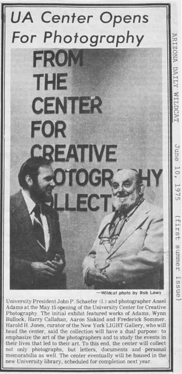 A news clipping that reads, "UA Center Opens for Photography" with two men smiling in front of The Center for Creative Photography entrance