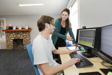 Undergraduate research assistant Joshua Baus with mentor and Ph.D. candidate Sarah Leighton