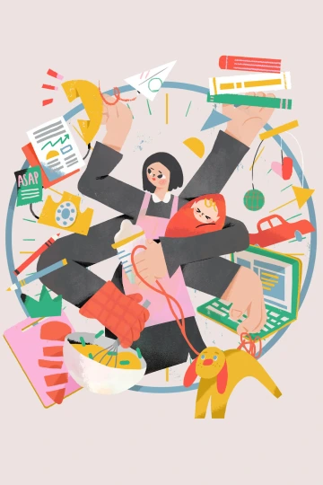Adobe stock image of a woman in an apron with four arms handling many things like cooking, walking the dog, working, studying, holding the baby, reading the news.