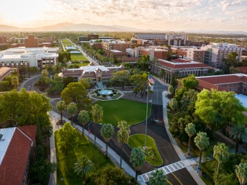 An drone photo of the University of Arizona campus. Old Main and the fountain and the Arizona Mall are seen in the middle of the photo.