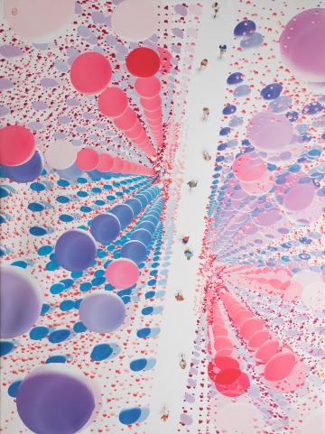 An illustration of an acrylic piece, filled with pink, blue and purple pastel bubbles