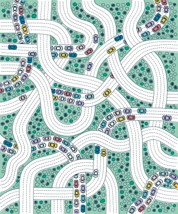 A photograph of cars driving across freeways