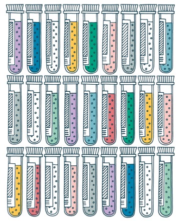 A photograph of vials filled with different colored liquids