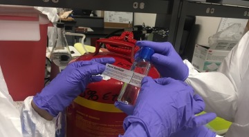 A photograph of researchers putting a label on the hand sanitizer they just created 