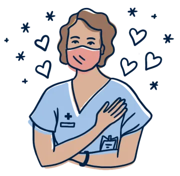 An illustration of a nurse with hearts and sparkles 