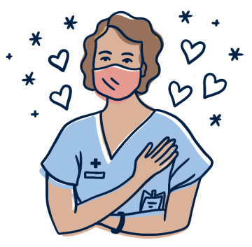 An illustration of a nurse with hearts and sparkles 