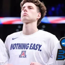 An image of Arizona Men's Basketball players, KJ Lewis, Anthony Dell'Orso, and Caleb Love on the basketball court