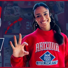 A smiling woman in a red 'Arizona Wildcats' sweatshirt holds up an the University of Arizona Wildcat hand sign, with text 'Red, Blue AND YOU!' and 'U OF A HOMECOMING 2025: A Homecoming Event for Graduates of the Last Decade' on a background collage of university scenes.
